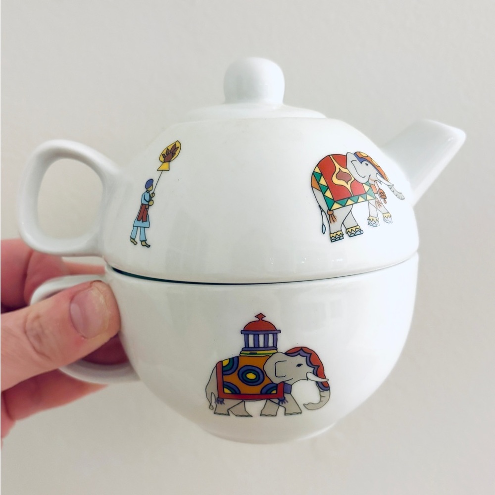 RARE BIA Cordon Bleu Ceramic Tea-for-One Set, Colorful Elephant Prints